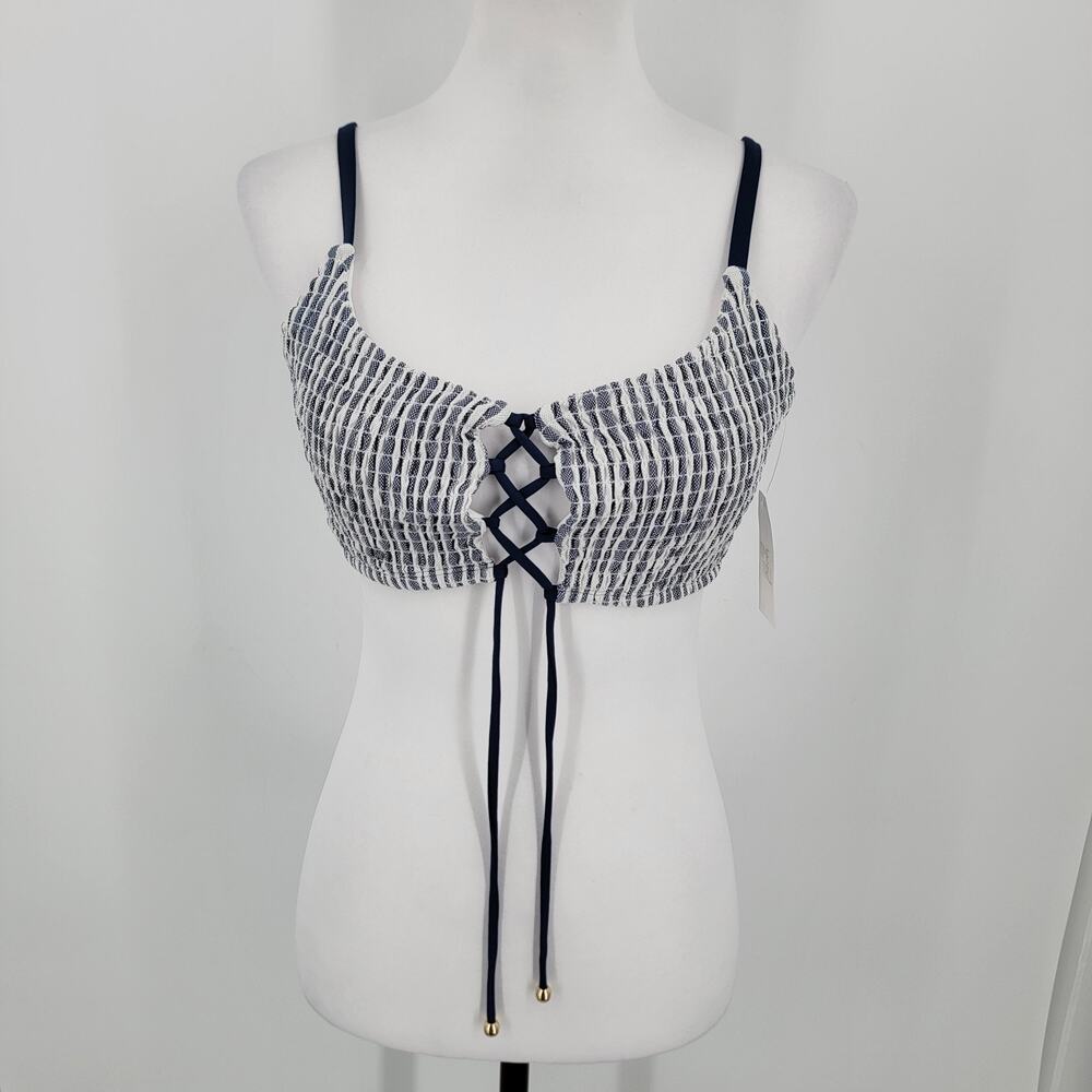 Time & Tru Womens Striped Bikini Top Womens Large 12-14 Smocked Blue White
